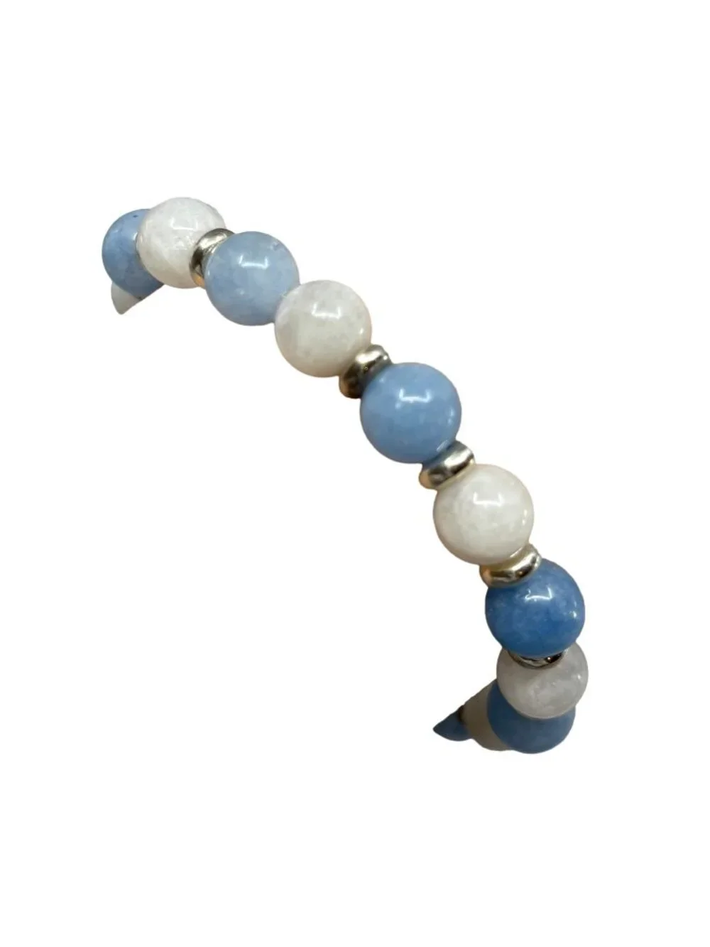 8mm Natural Aquamarine White Moonstone Gemstone Stretch Bracelet Silver Bead
